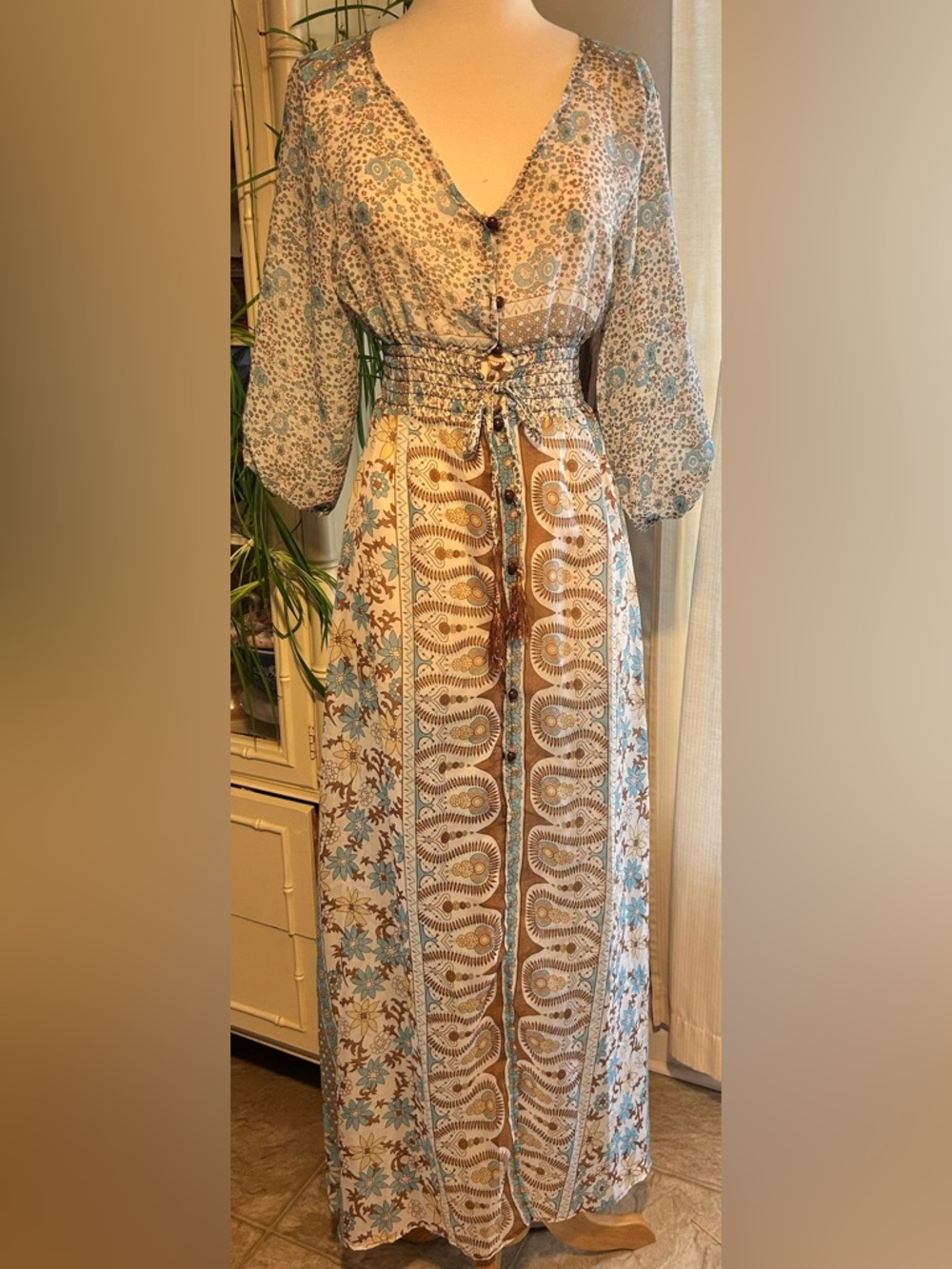 Boho V-Neck Floral Maxi Dress in Blue and Brown - Picture 3 of 10